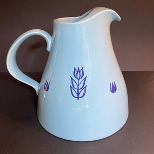 Vintage Cronin Pottery Blue Ball Pitcher with Tulips with Ice Lip 7”